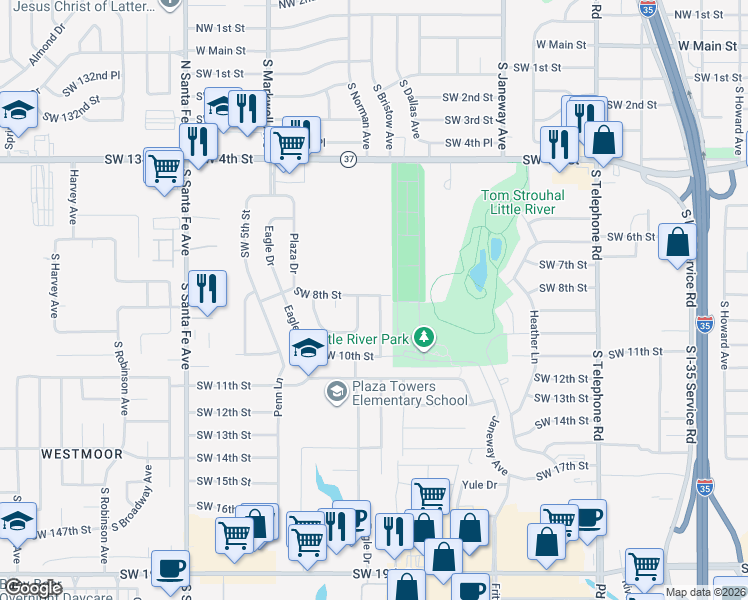map of restaurants, bars, coffee shops, grocery stores, and more near 820 Cardan Place in Moore