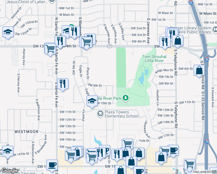 map of restaurants, bars, coffee shops, grocery stores, and more near 820 Cardan Place in Moore