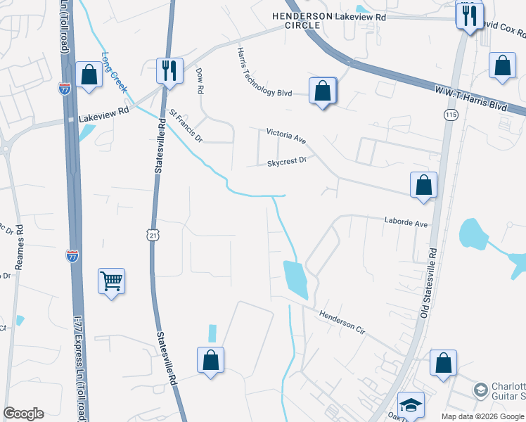map of restaurants, bars, coffee shops, grocery stores, and more near 5412 Henderson Oaks Drive in Charlotte