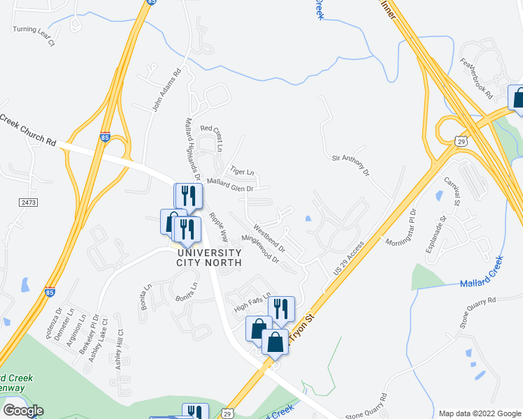 map of restaurants, bars, coffee shops, grocery stores, and more near 11260 Hyde Pointe Court in Charlotte