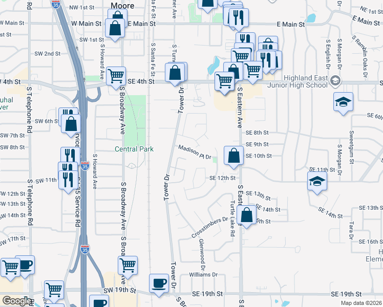 map of restaurants, bars, coffee shops, grocery stores, and more near 324 Madison Place Drive in Moore