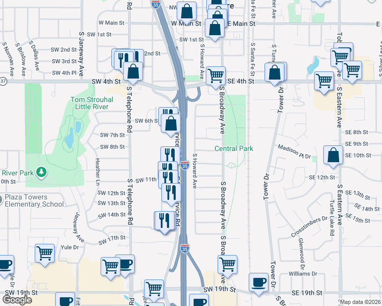 map of restaurants, bars, coffee shops, grocery stores, and more near 1001 South Howard Avenue in Moore