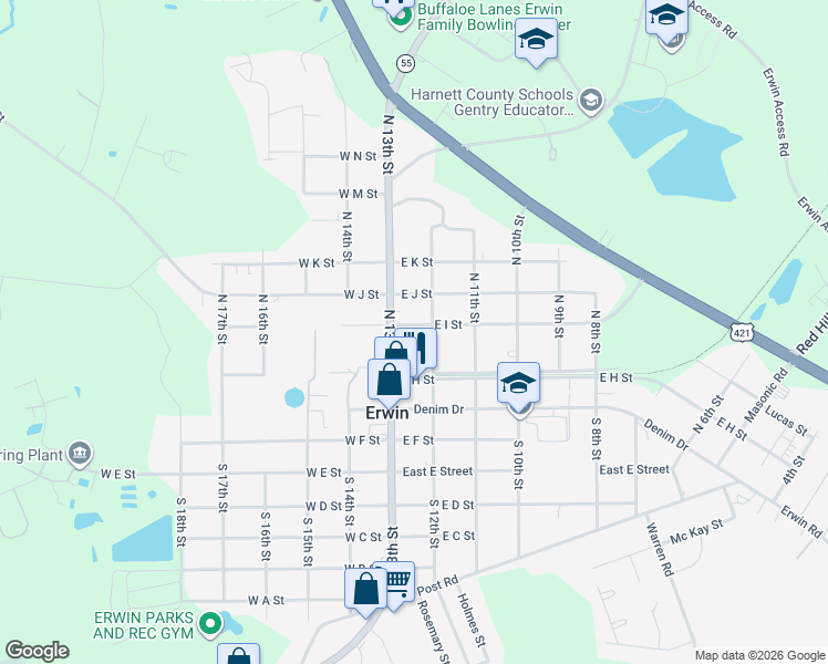 map of restaurants, bars, coffee shops, grocery stores, and more near 107 E I St in Erwin