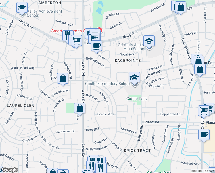map of restaurants, bars, coffee shops, grocery stores, and more near 2813 North Half Moon Drive in Bakersfield