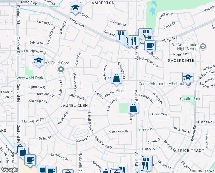 map of restaurants, bars, coffee shops, grocery stores, and more near 6904 North Half Moon Drive in Bakersfield