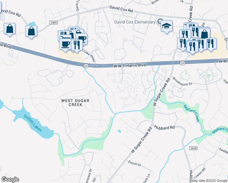 map of restaurants, bars, coffee shops, grocery stores, and more near 5950 Moose Lane in Charlotte