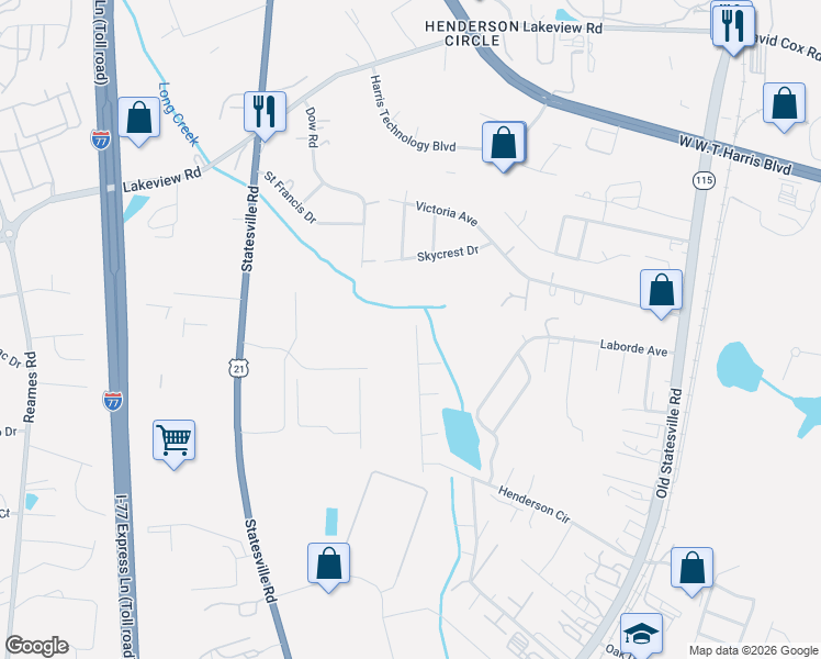 map of restaurants, bars, coffee shops, grocery stores, and more near 5408 Henderson Oaks Drive in Charlotte