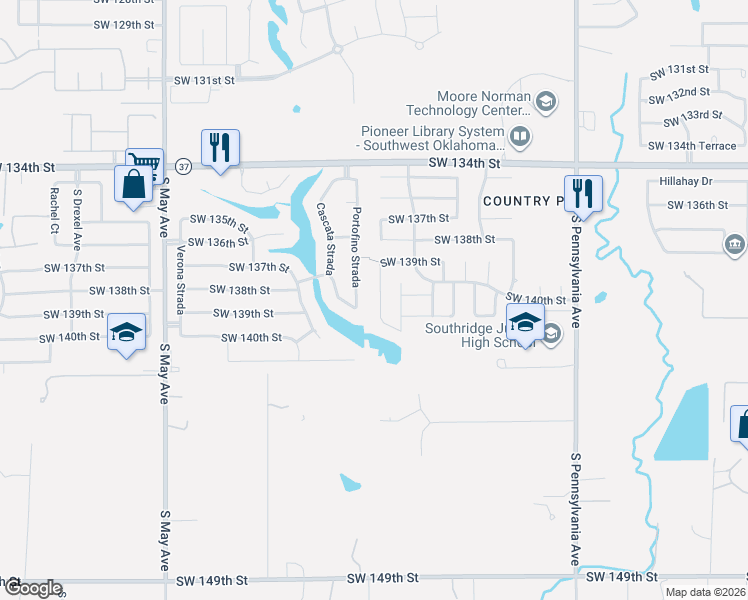 map of restaurants, bars, coffee shops, grocery stores, and more near 13904 Portofino Strada in Oklahoma City