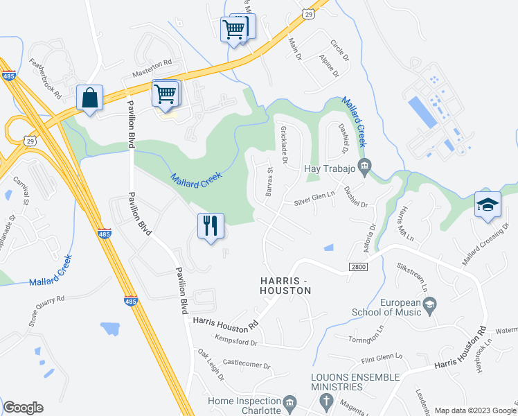 map of restaurants, bars, coffee shops, grocery stores, and more near 905 Reigate Road in Charlotte