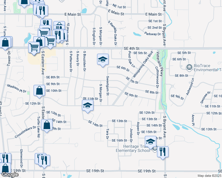 map of restaurants, bars, coffee shops, grocery stores, and more near 1404 Southeast 9th Street in Moore