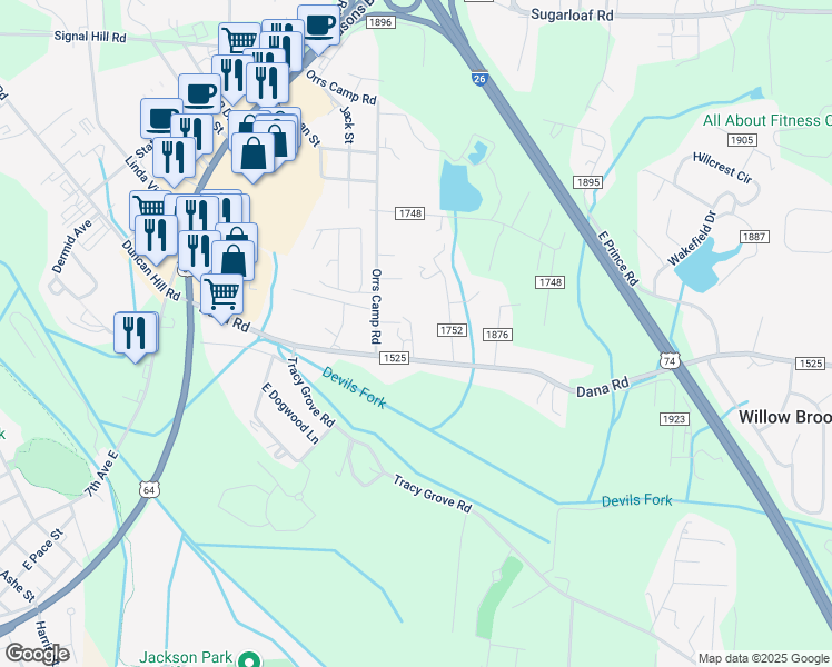 map of restaurants, bars, coffee shops, grocery stores, and more near 108 Dania Drive in Hendersonville