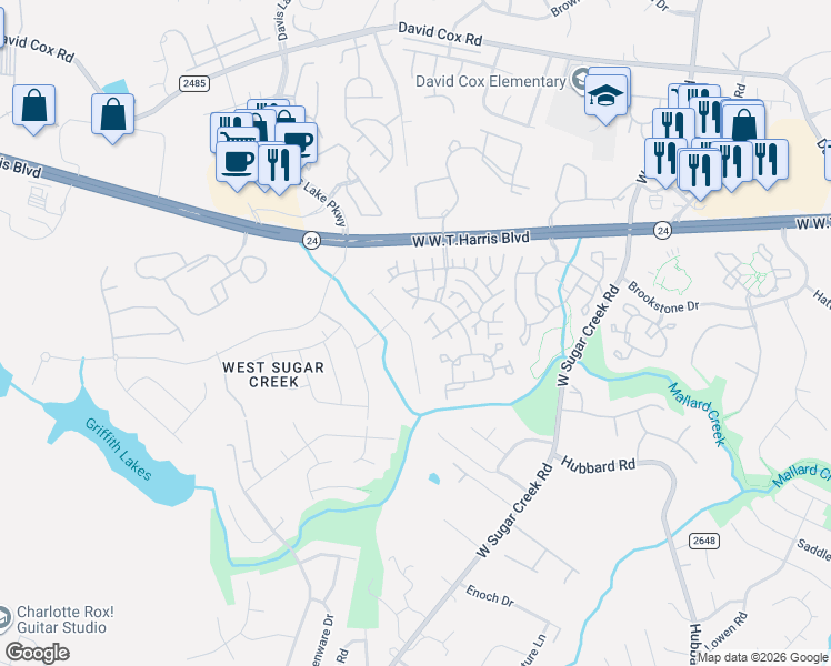 map of restaurants, bars, coffee shops, grocery stores, and more near 5950 Moose Lane in Charlotte