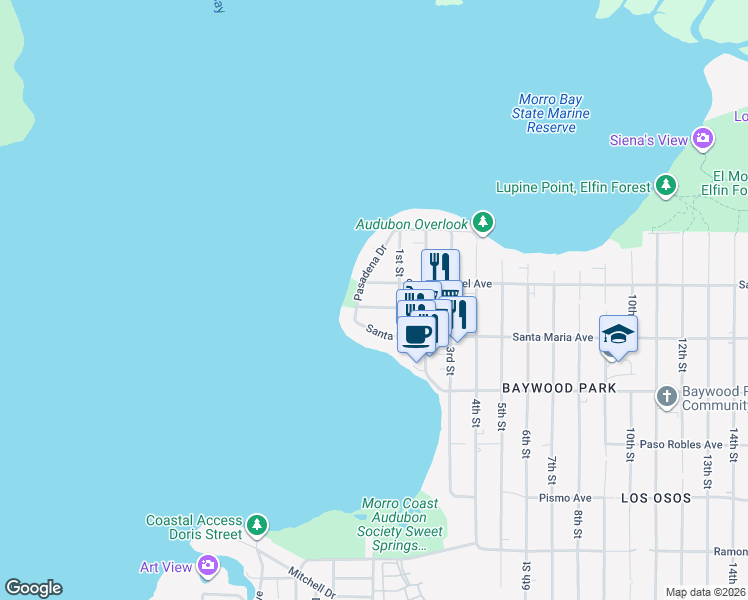 map of restaurants, bars, coffee shops, grocery stores, and more near 536 Baywood Way in San Luis Obispo