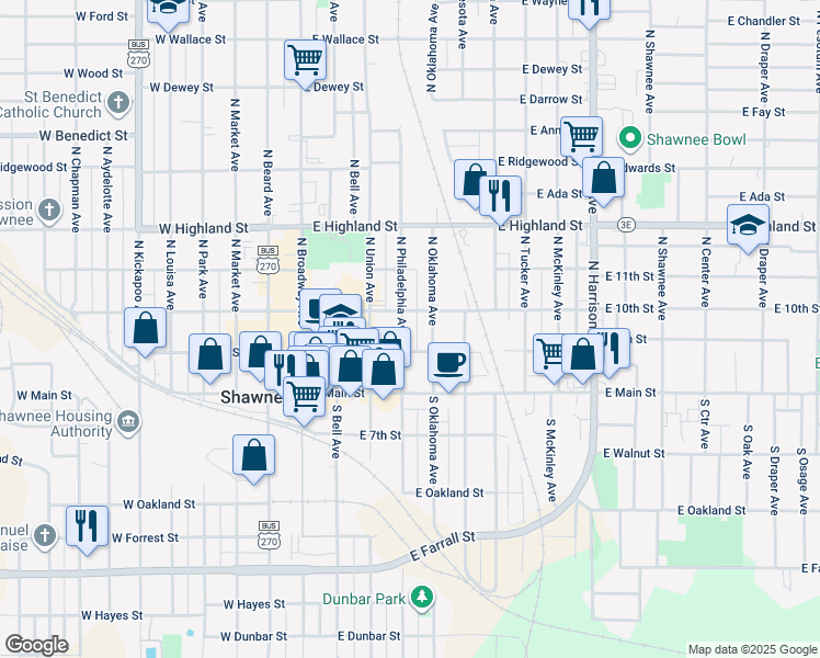 map of restaurants, bars, coffee shops, grocery stores, and more near 223 North Philadelphia Avenue in Shawnee