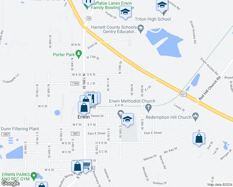 map of restaurants, bars, coffee shops, grocery stores, and more near 309 East I Street in Erwin