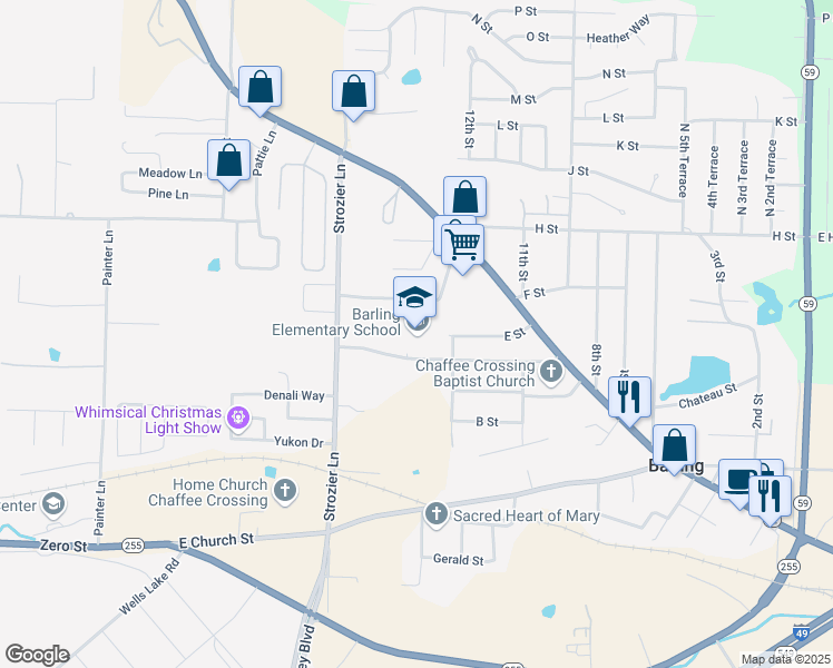 map of restaurants, bars, coffee shops, grocery stores, and more near 1400 D Street in Barling