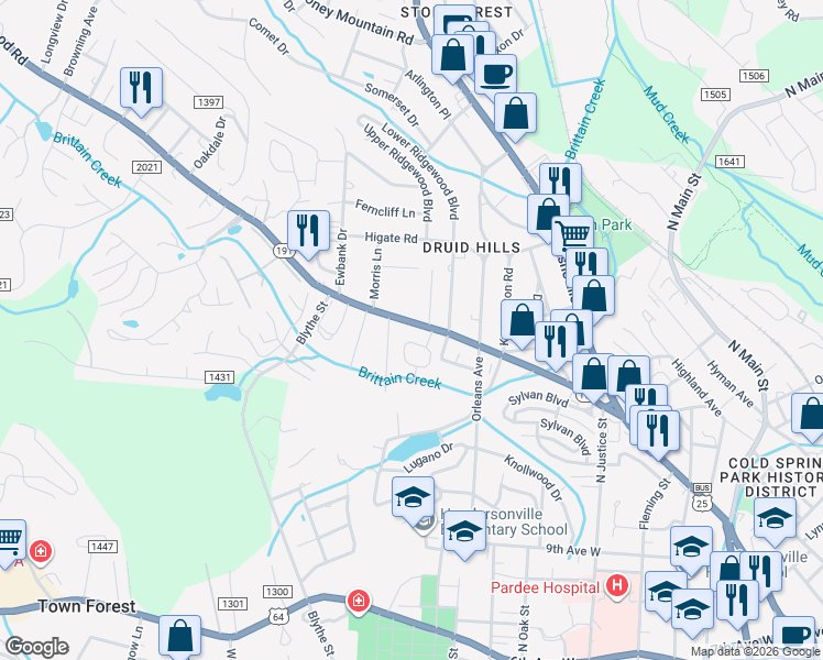 map of restaurants, bars, coffee shops, grocery stores, and more near 1749 Haywood Manor Road in Hendersonville