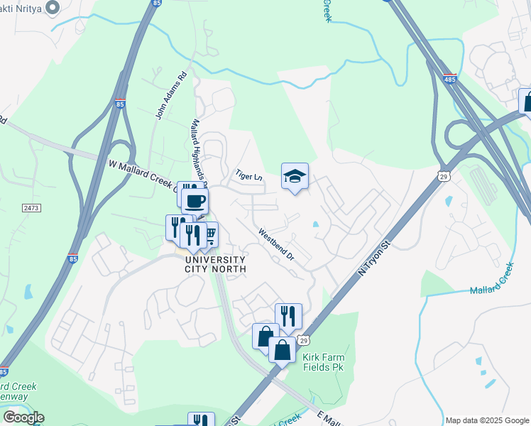 map of restaurants, bars, coffee shops, grocery stores, and more near 11246 Hyde Pointe Court in Charlotte