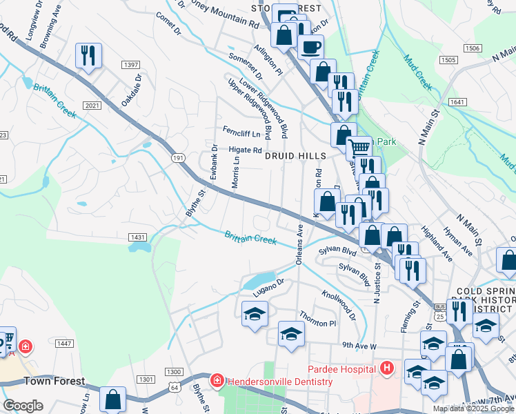map of restaurants, bars, coffee shops, grocery stores, and more near 1516 Dawnview Drive in Hendersonville