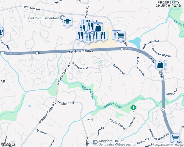 map of restaurants, bars, coffee shops, grocery stores, and more near 5808 Painted Fern Court in Charlotte