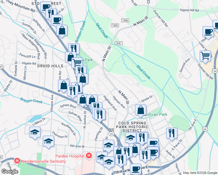 map of restaurants, bars, coffee shops, grocery stores, and more near 1308 Hyman Avenue in Hendersonville