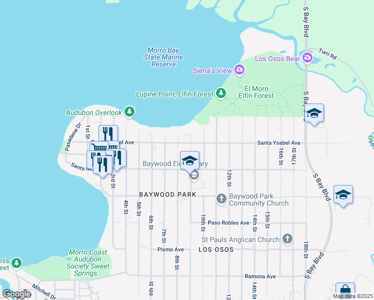 map of restaurants, bars, coffee shops, grocery stores, and more near 1223 9th Street in Baywood-Los Osos