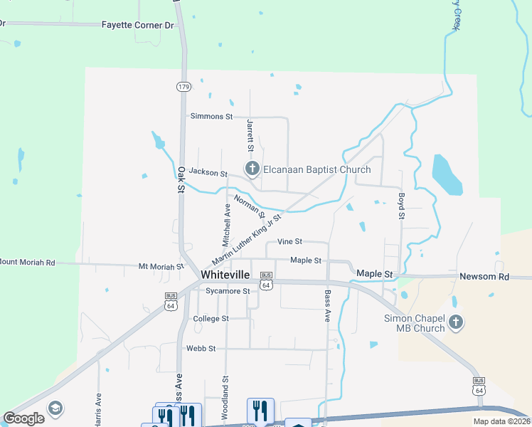 map of restaurants, bars, coffee shops, grocery stores, and more near 214 Norman Street in Whiteville