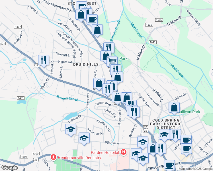 map of restaurants, bars, coffee shops, grocery stores, and more near 119 Ashwood Road in Hendersonville