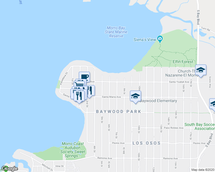 map of restaurants, bars, coffee shops, grocery stores, and more near 1227 6th Street in Baywood-Los Osos