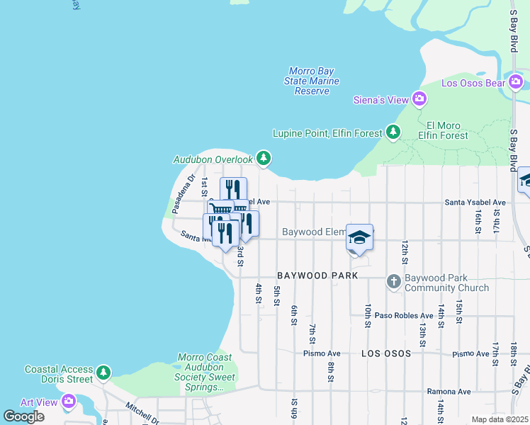 map of restaurants, bars, coffee shops, grocery stores, and more near 1224 4th Street in Baywood-Los Osos