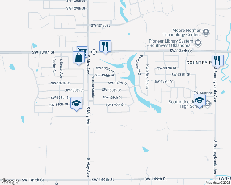 map of restaurants, bars, coffee shops, grocery stores, and more near 2700 Southwest 138th Street in Oklahoma City