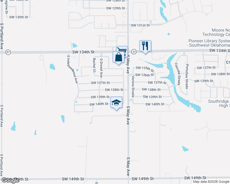 map of restaurants, bars, coffee shops, grocery stores, and more near 3000 Southwest 138th Street in Oklahoma City