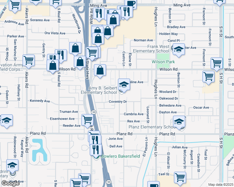 map of restaurants, bars, coffee shops, grocery stores, and more near 2801 Agate Street in Bakersfield