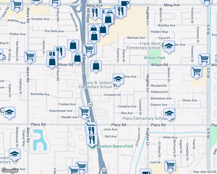 map of restaurants, bars, coffee shops, grocery stores, and more near 2801 Agate Street in Bakersfield