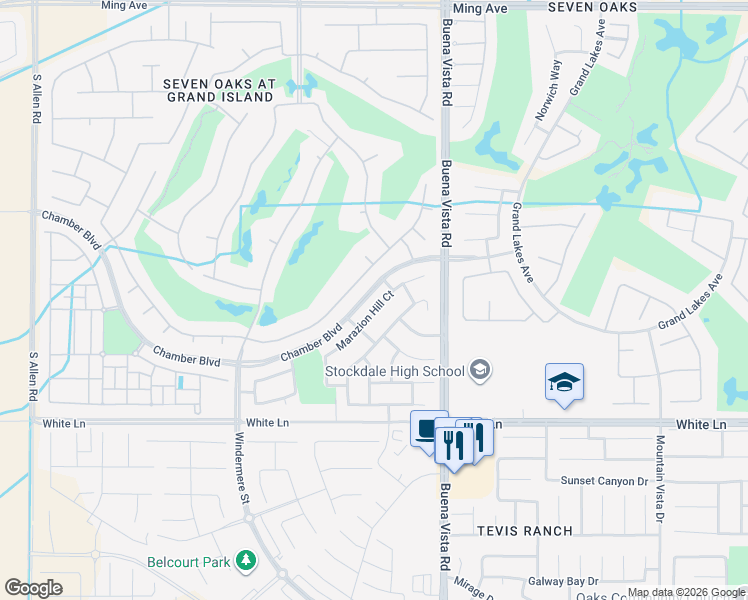 map of restaurants, bars, coffee shops, grocery stores, and more near 11520 Marazion Hill Court in Bakersfield