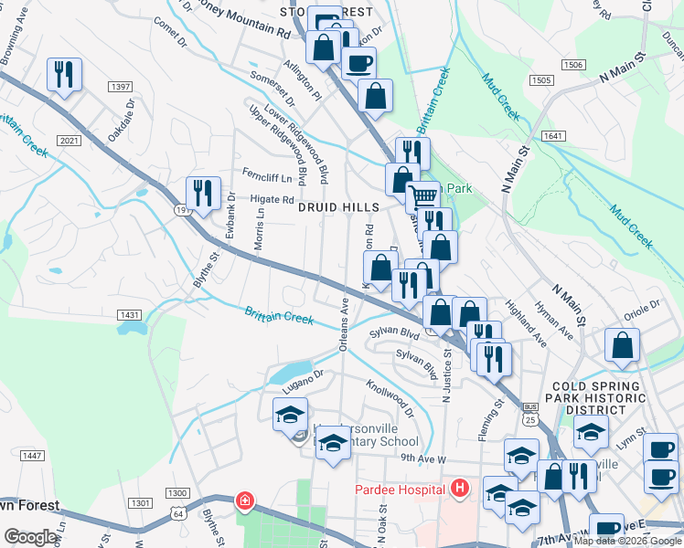 map of restaurants, bars, coffee shops, grocery stores, and more near 1708 Haywood Road in Hendersonville