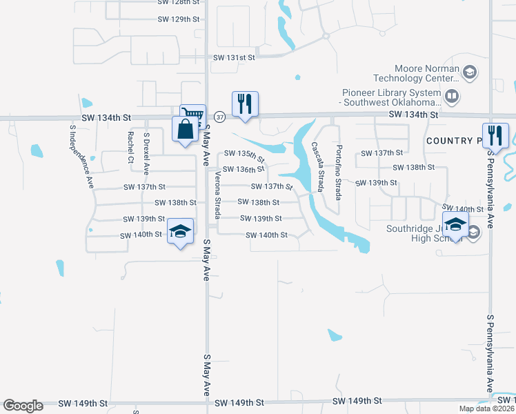 map of restaurants, bars, coffee shops, grocery stores, and more near 2700 Southwest 138th Street in Oklahoma City