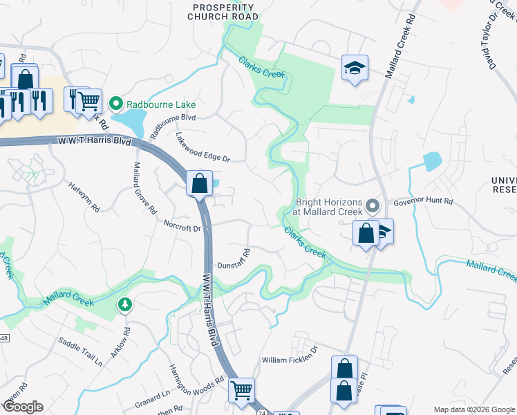map of restaurants, bars, coffee shops, grocery stores, and more near 3031 Heathcroft Court in Charlotte