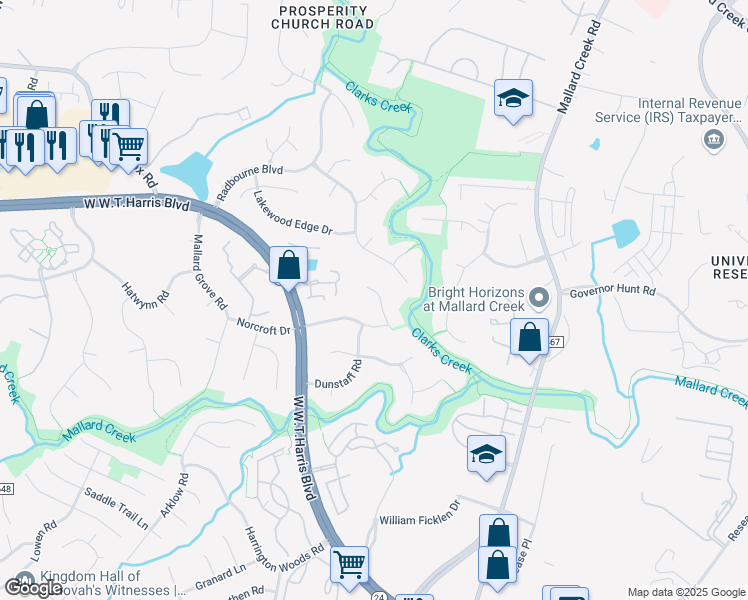 map of restaurants, bars, coffee shops, grocery stores, and more near 3031 Heathcroft Court in Charlotte