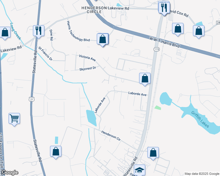 map of restaurants, bars, coffee shops, grocery stores, and more near 7906 Ocklawana Street in Charlotte