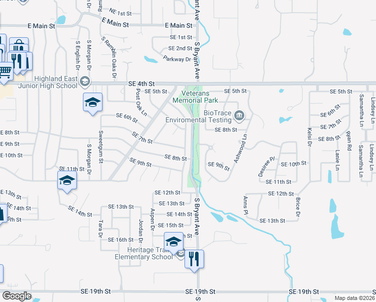map of restaurants, bars, coffee shops, grocery stores, and more near 800 Cottonwood Drive in Moore