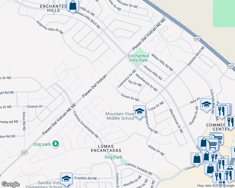 map of restaurants, bars, coffee shops, grocery stores, and more near 7308 Donet Drive Northeast in Rio Rancho