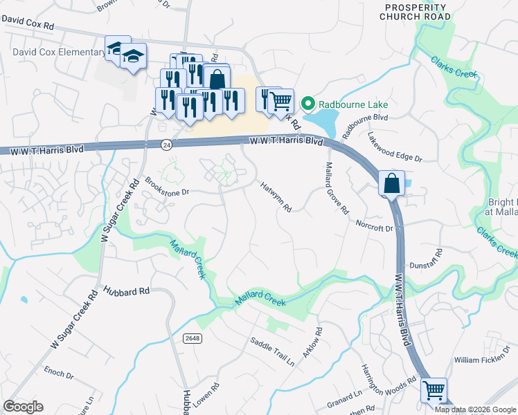 map of restaurants, bars, coffee shops, grocery stores, and more near 5925 Maylandia Road in Charlotte