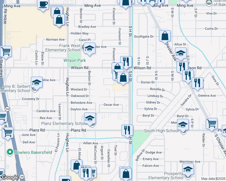 map of restaurants, bars, coffee shops, grocery stores, and more near 2707 Houchin Road in Bakersfield