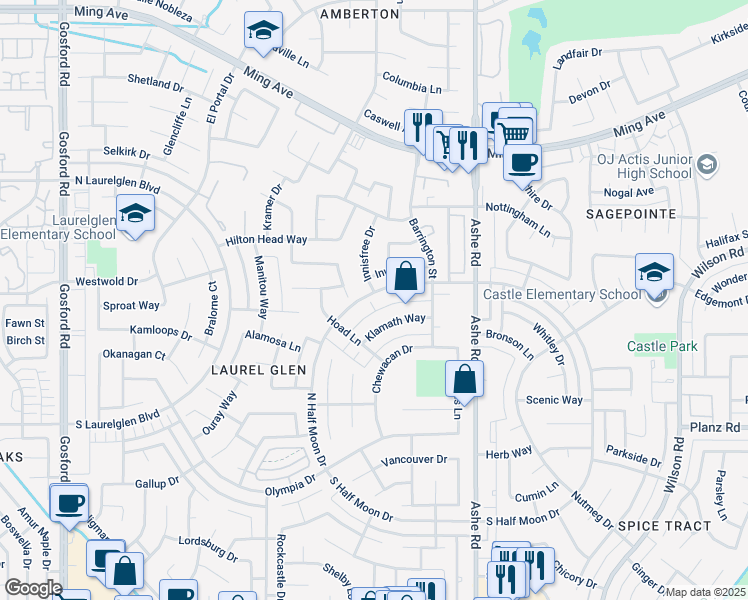 map of restaurants, bars, coffee shops, grocery stores, and more near 6900 North Half Moon Drive in Bakersfield