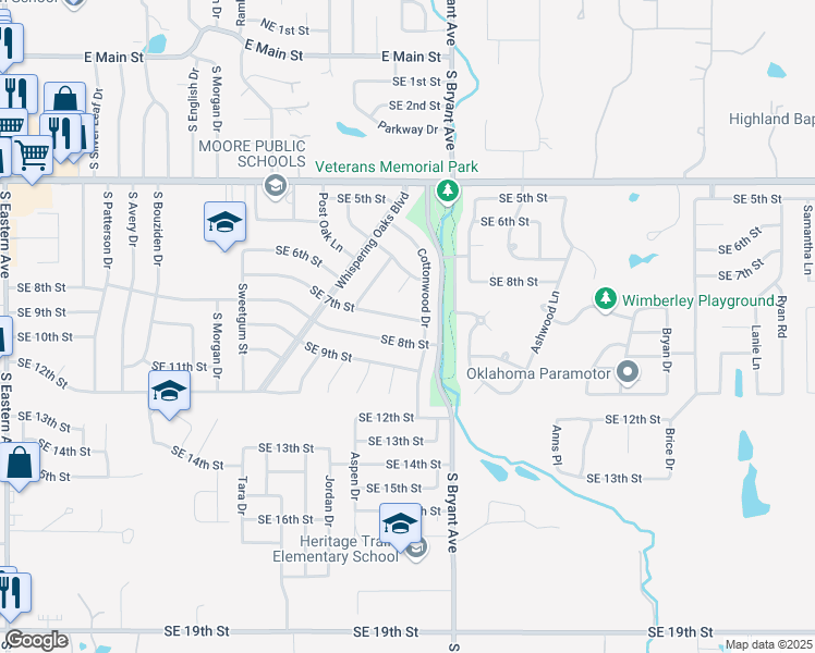 map of restaurants, bars, coffee shops, grocery stores, and more near 1804 SE 7th St in Moore