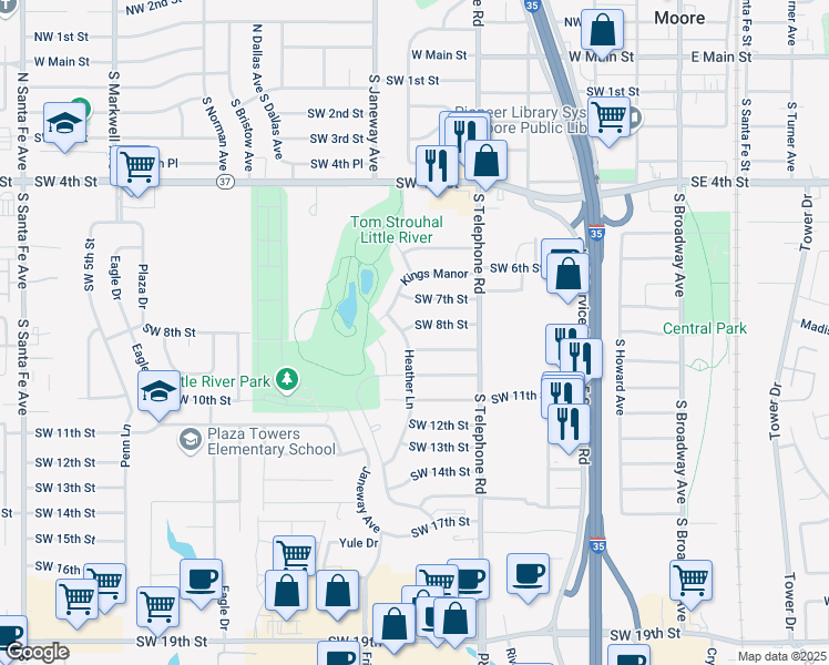 map of restaurants, bars, coffee shops, grocery stores, and more near 644 Southwest 8th Street in Moore