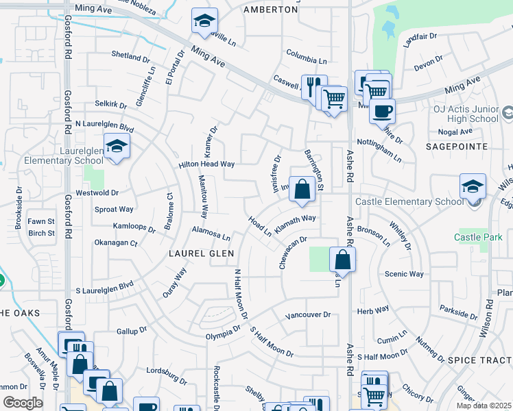 map of restaurants, bars, coffee shops, grocery stores, and more near 2725 Stolle Court in Bakersfield