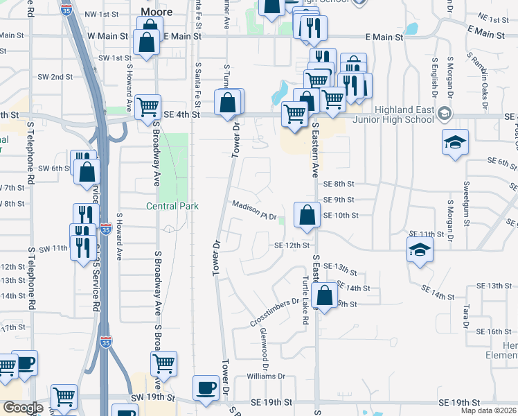 map of restaurants, bars, coffee shops, grocery stores, and more near 329 Madison Place Drive in Moore