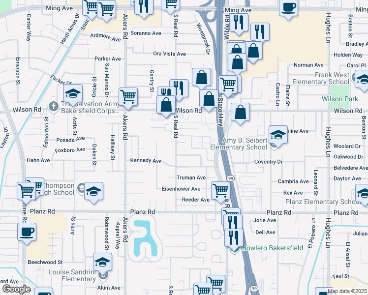 map of restaurants, bars, coffee shops, grocery stores, and more near 3609 Micheli Court in Bakersfield